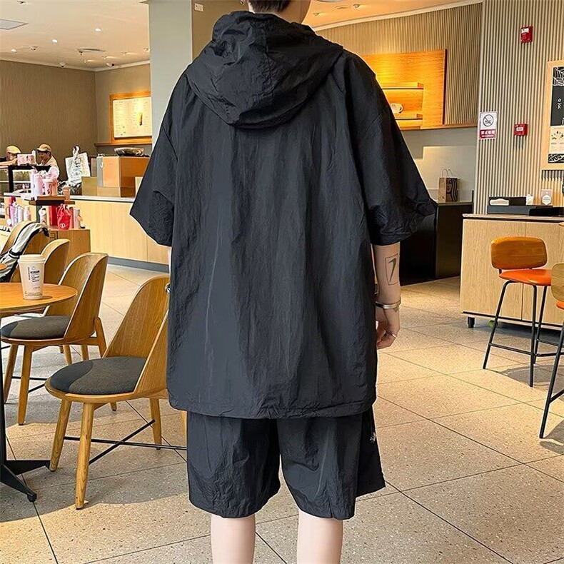 2025夏季薄款休闲连帽速干防晒衣工装短袖套装TZ05,男装休闲套装,星座1108