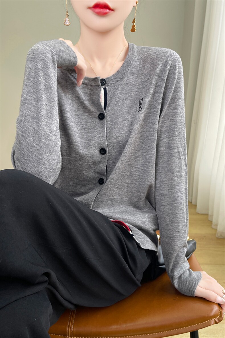 精纺羊毛刺绣针织开衫女短外套打底衫2025新款春秋薄款外搭毛衫潮,女装羊毛衫,片语羊绒