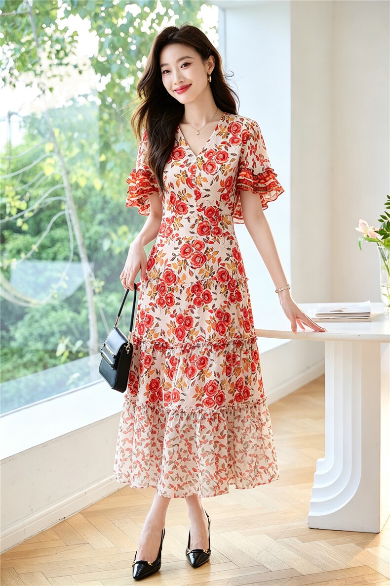 现货秒发2026夏装新款韩版碎花连衣裙大摆裙,女装连衣裙,妙形