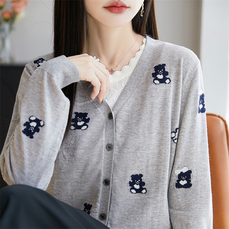 春季新款通勤简约舒适百搭提花针织开衫长袖,针织衫/毛衣,吉高羊绒