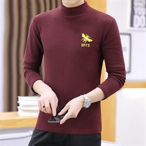 冬季半高领双面绒刺绣蜜蜂卫衣男加绒加厚保暖打底衫长袖黑330P28图片