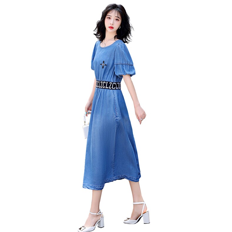 现货！牛仔连衣裙女夏季2022新款修身气质显瘦夏天薄款短袖长裙子,女装连衣裙,一安秀