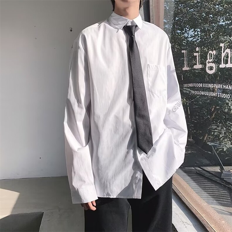 尖领长袖制服衬衫白色长袖衬衫男宽松情侣韩版学生毕业照班服衬,男装衬衫,星座302B-2