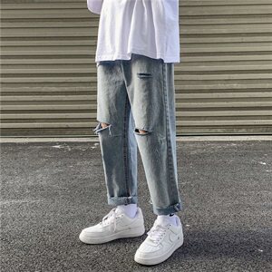 现货港风chic韩版休闲九分裤简约破洞牛仔裤修身小脚裤  KZ11图片