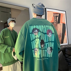 墨绿色卫衣男春秋季400g重磅纯棉打底衫美式潮牌卡通印花长袖上衣，男装卫衣，电商A486