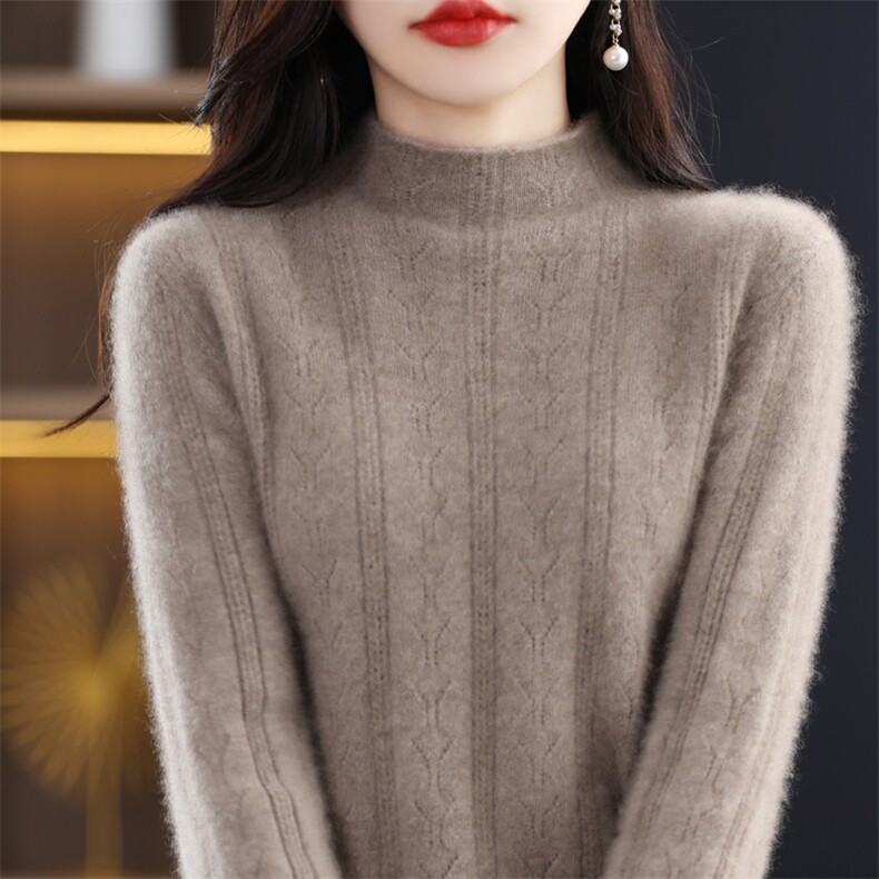24秋冬新款100%羊毛衫女半高领抽条宽松慵懒毛衣羊绒衫针织打底衫,女装羊毛衫,琳华羊绒