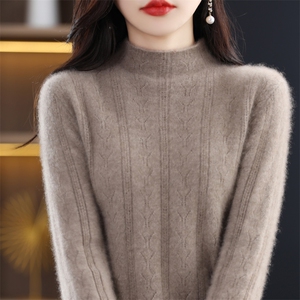 24秋冬新款100%羊毛衫女半高领抽条宽松慵懒毛衣羊绒衫针织打底衫