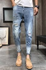 2021新款烫钻印花弹力牛仔裤男修身小脚裤九分裤QT6027-1025，男装牛仔裤，电商D218