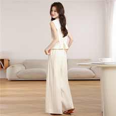 棉麻马甲阔腿裤套装女夏2026新款V领无袖收腰显瘦休闲两件套米白，女装套装/套裙，艾米