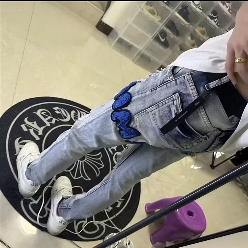 新款老虎刺绣牛仔裤男小脚显瘦破洞个性贴布潮流弹力男休闲裤,男装休闲裤,星座506A