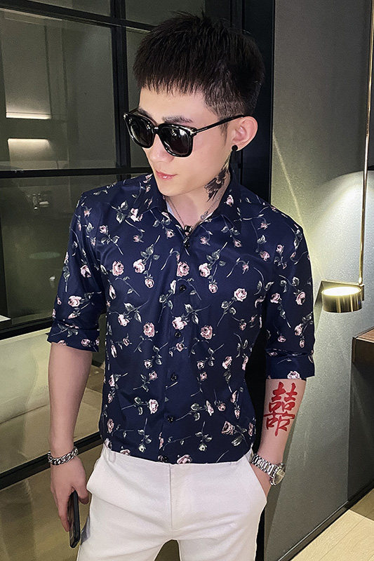 312A-101-P55新款社会小伙中袖衬衫韩版潮流男士五分袖衬衣C,男装T恤,星座312A-5