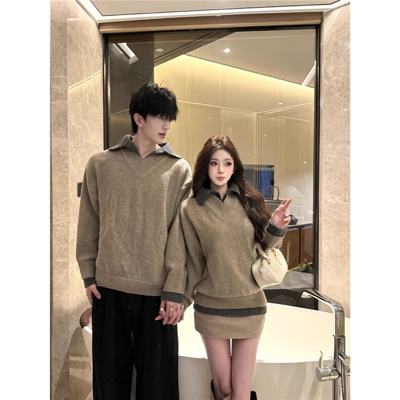现货DM346-特价68老钱风假两件V领毛衣男女情侣装秋冬,男装针织衫/毛衣,星座603-2