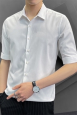 冰丝夏季衬衫男韩版修身潮流五分袖商务高级感白衬衣8315P65控118，男装T恤，电商A355（原A415）