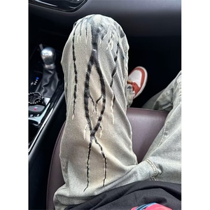 牛仔裤男女水洗做旧火焰残影修身微喇裤子百搭复古 NN821图片