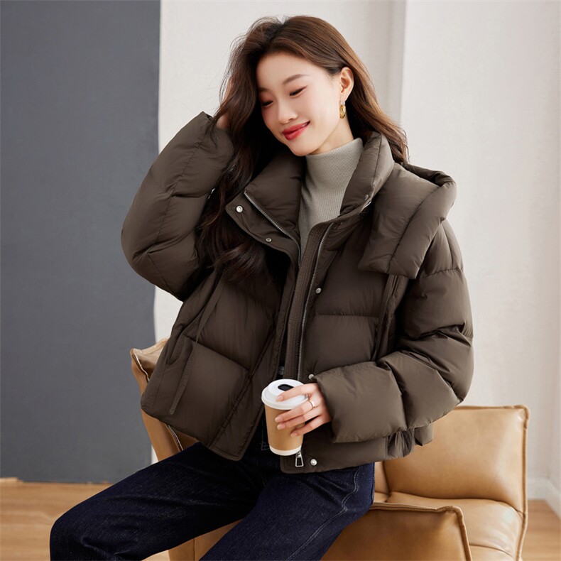 咖色羽绒服女2025新款宽松小个子连帽面包服白鸭绒短款外套,女装羽绒服,梦懿尔