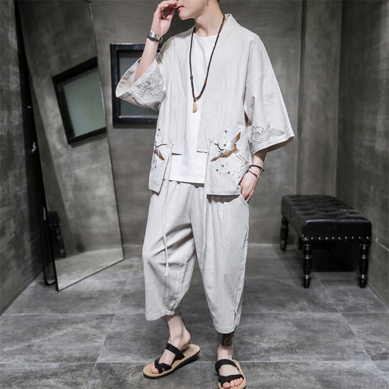 A611P75室内风2024春夏装新款七分袖七分裤仙鹤刺绣宽松汉服套装,男装T恤,电商A026