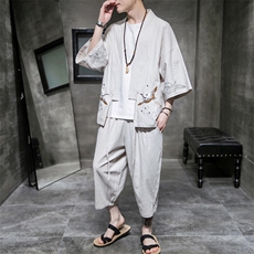 A611P75室内风2024春夏装新款七分袖七分裤仙鹤刺绣宽松汉服套装，男装T恤，电商A026