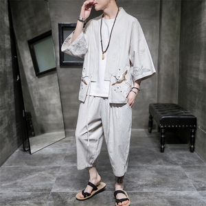 A611P75室内风2024春夏装新款七分袖七分裤仙鹤刺绣宽松汉服套装