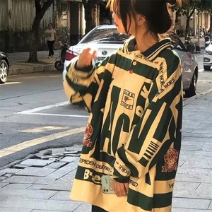 美式复古拼色宽松polo衫长袖男翻领潮牌hiphop高街t恤长袖潮图片