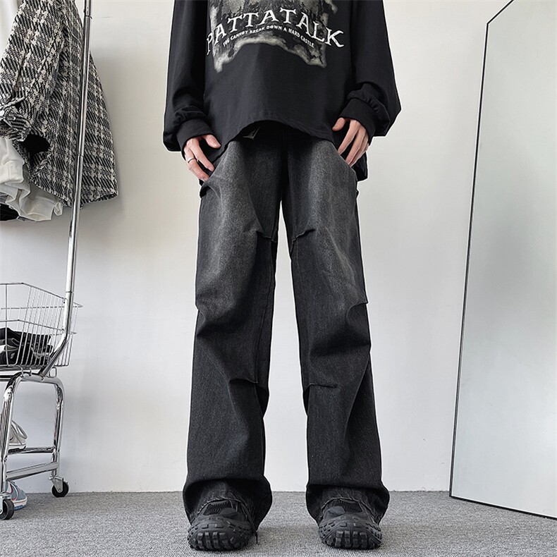 设计感潮牌折皱牛仔裤男美式小众垂感宽松直筒拖地裤子H0121-P45,男装牛仔裤,星座1008-1