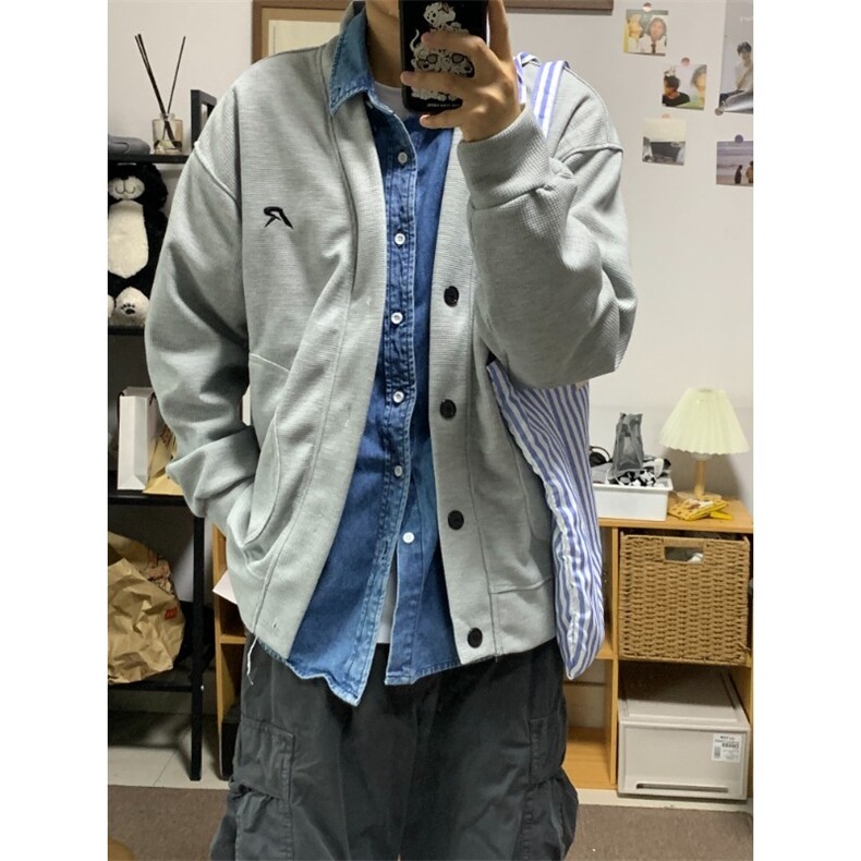 美式开衫纽扣V领卫衣潮牌春秋情侣宽松复古针织基础外套WB458-P39图片