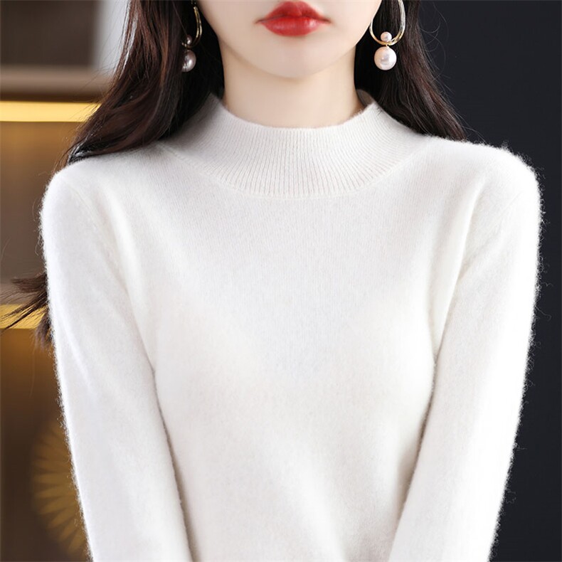 羊毛衫女半高领纯色宽松长袖针织打底衫修身圆领秋冬百搭套头毛衣，女装羊毛衫，开创羊绒