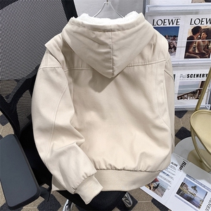 冬季加绒加厚连帽外套复古水洗宽松设计感夹克棉服图片