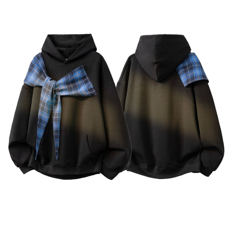 【高质量】格子蝴蝶结披肩拼接假两件连帽卫衣外套上衣W193-P72，女装短外套，电商B245