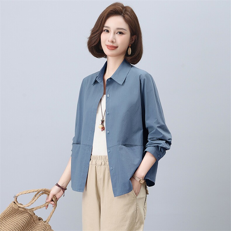 纯棉衬衫外套女春秋2024年新款胖MM大码宽松上衣中年妈妈薄款小衫,女装衬衫,曼沙奕珂