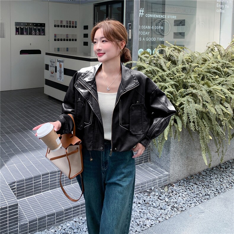 时尚复古新潮pu皮衣春秋季新款女装机车显瘦帅气翻领甜酷短外套女,女装短外套,意芙