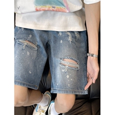 泼墨破洞高街牛仔短裤男女韩版潮流2025夏季ins五分裤RK2907-P43，男装牛仔裤，星座412-3