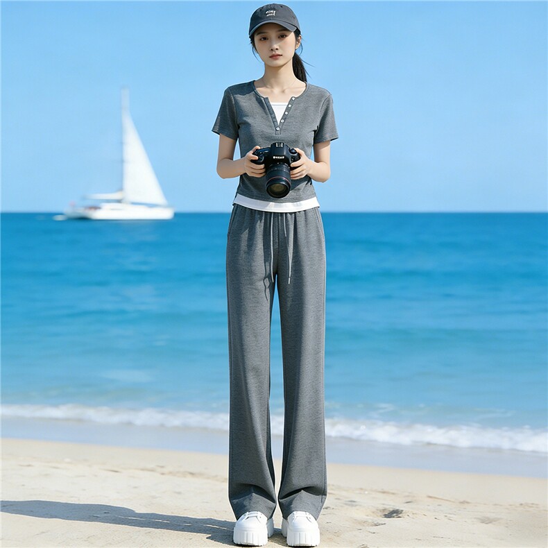 小个子穿搭时尚套装女夏季新款纯色圆领拼接短款上衣阔腿裤两件套，女装套装/套裙，江南