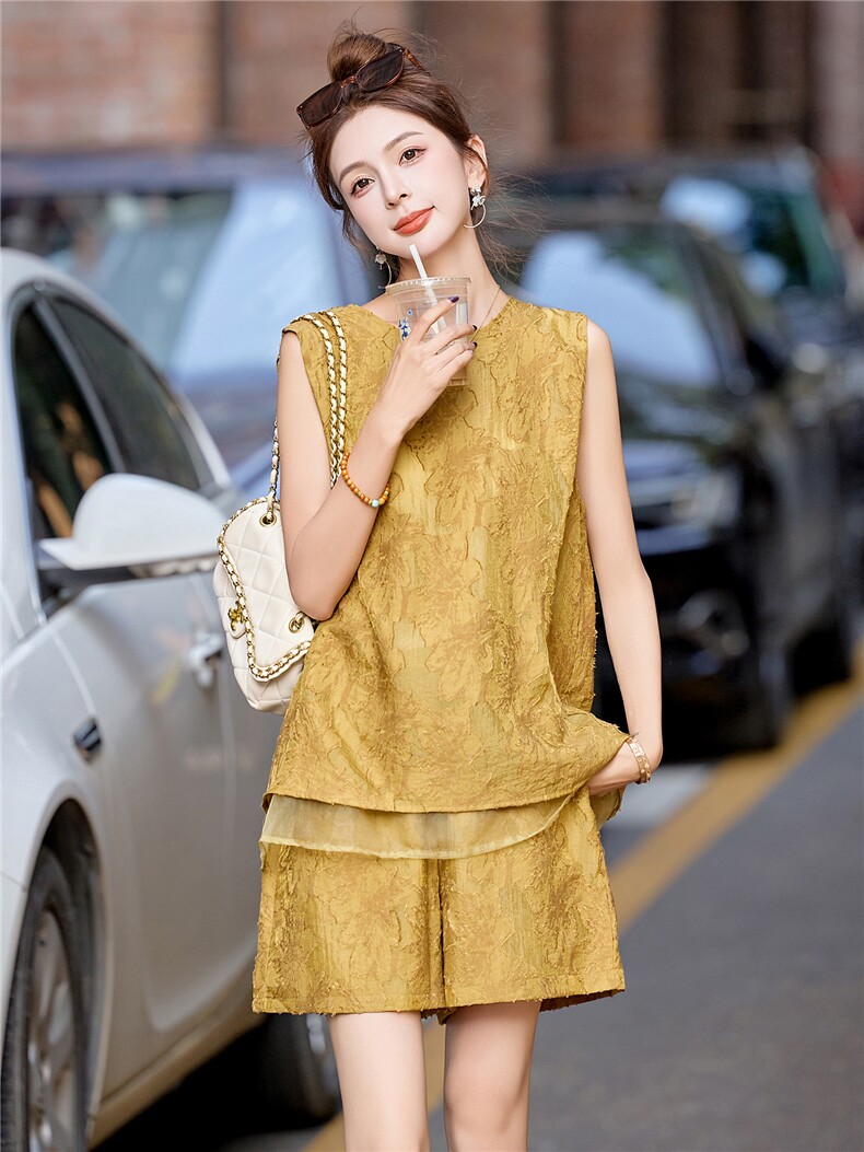 高级感时尚提花无袖套装女2025夏新款休闲气质减龄背心短裤两件套,女装套装/套裙,尚娜萱