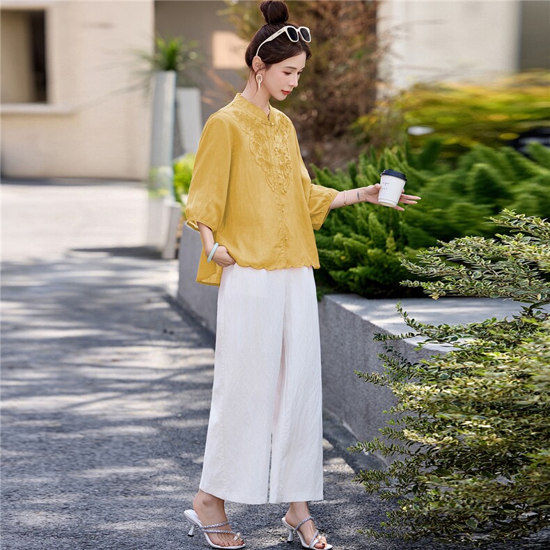 长期有货2026夏季新款天丝苎麻刺绣衬衫T恤中年阔腿裤两件套装女，女装套装/套裙，璐依舞