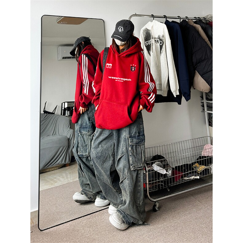 抖音得物供货提供视频秋冬重磅美式宽松织带连帽卫衣0401，男装卫衣，电商A486