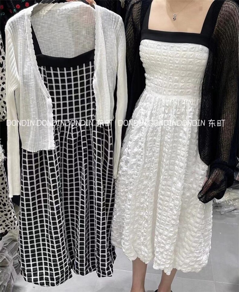 现货提花格子吊带裙?空调衫，女装背心吊带，东町