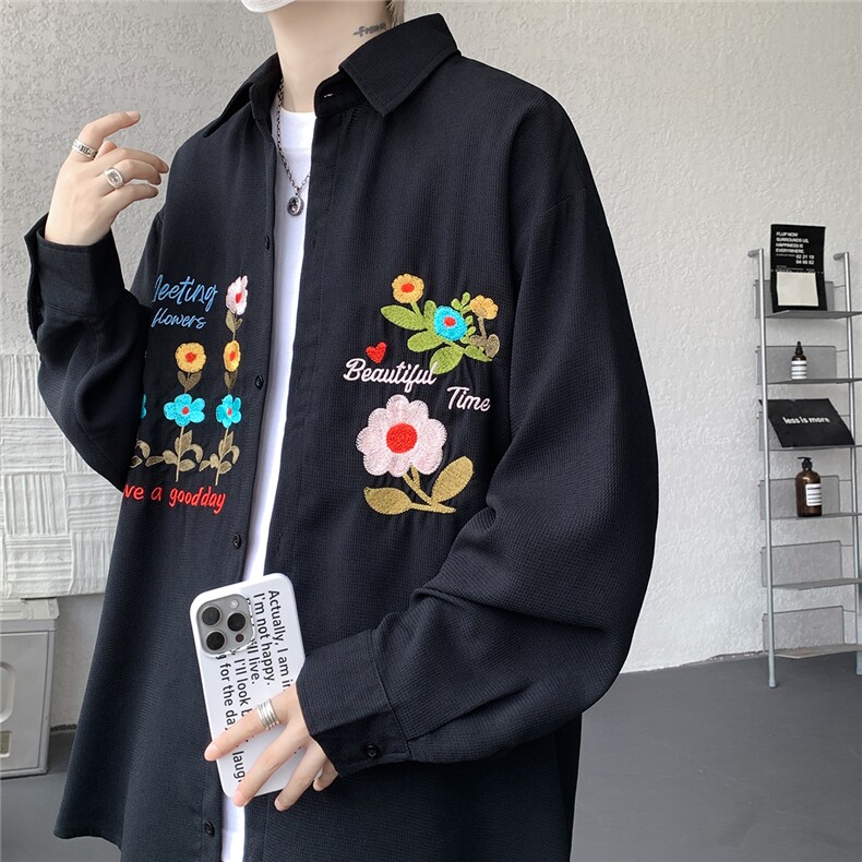 现货CS7186-P42特控78大码立体花卉刺绣华夫格长袖衬衫,男装衬衫,电商D232