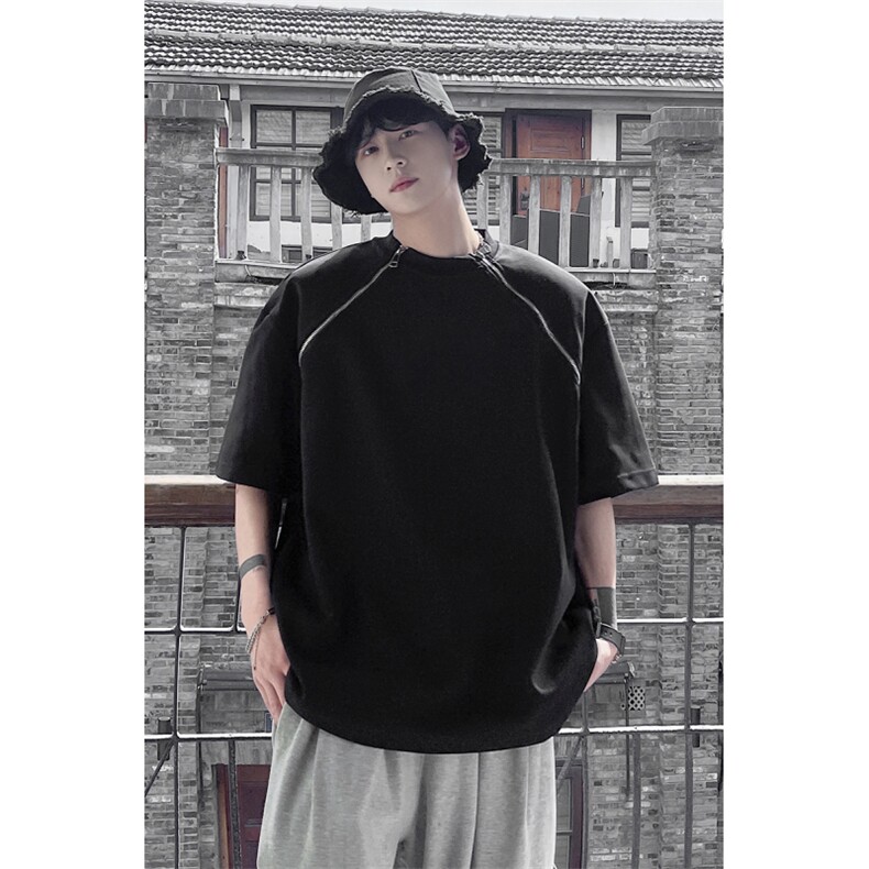 1港风美式双拉链设计T恤大码M-5XL情侣短袖T恤男DT77098P40控58,男装T恤,星座226-2