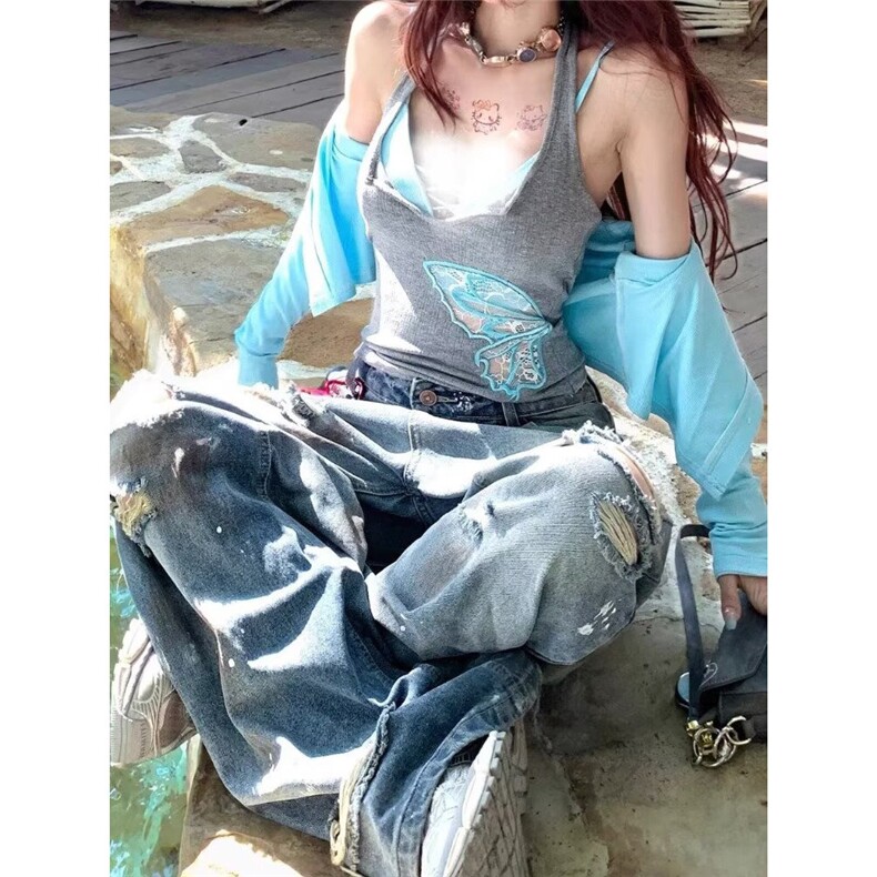 美式高街泥染做旧破洞牛仔裤男女泼墨慵懒拖地宽松阔腿裤潮,男装牛仔裤,星座1018A