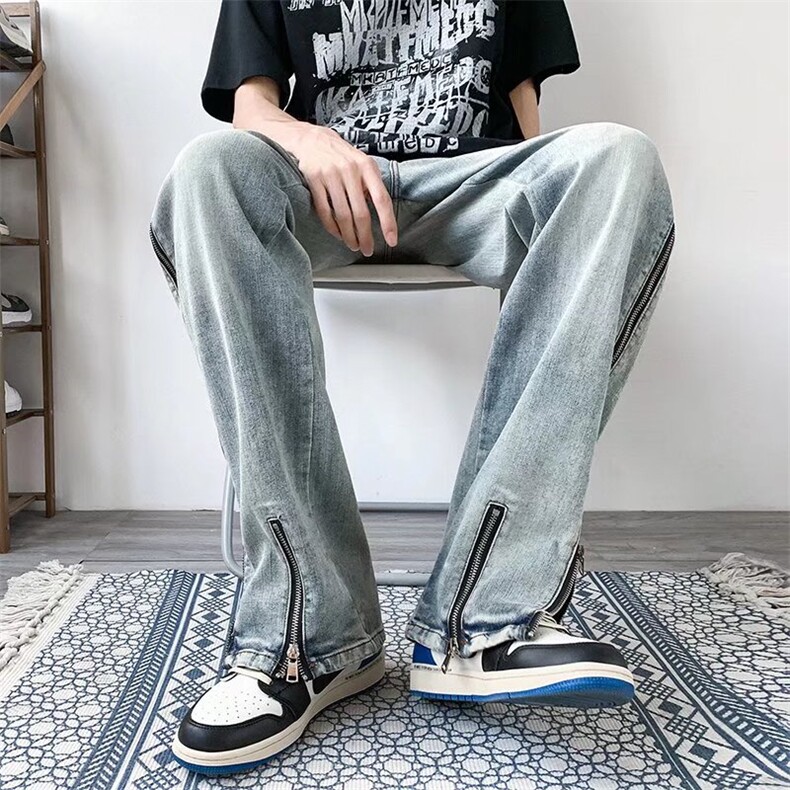 侧边拉链牛仔裤男美式高街设计感直筒裤潮牌ins痞帅长裤N1194-P59,男装牛仔裤,星座1008-2