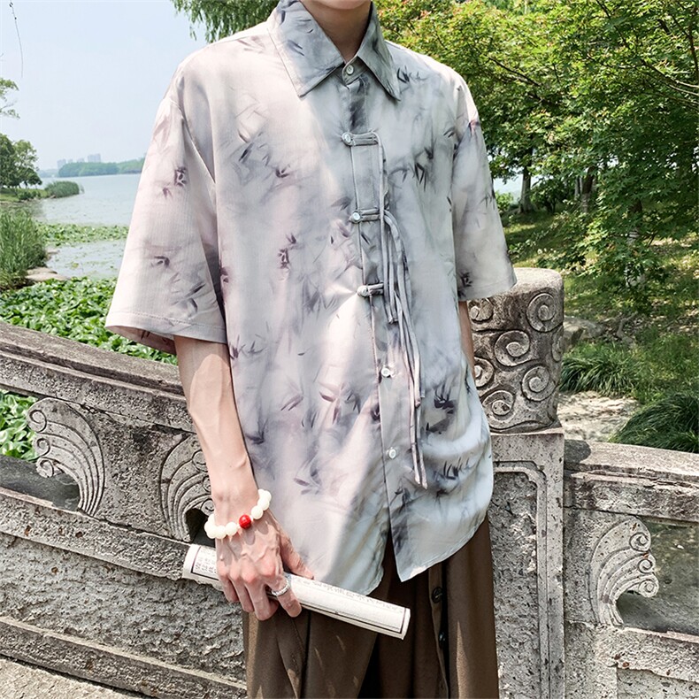 现货新中式新款衬衫短袖风竹叶水墨画花大码CS33-P65-控88,男装衬衫,电商A021
