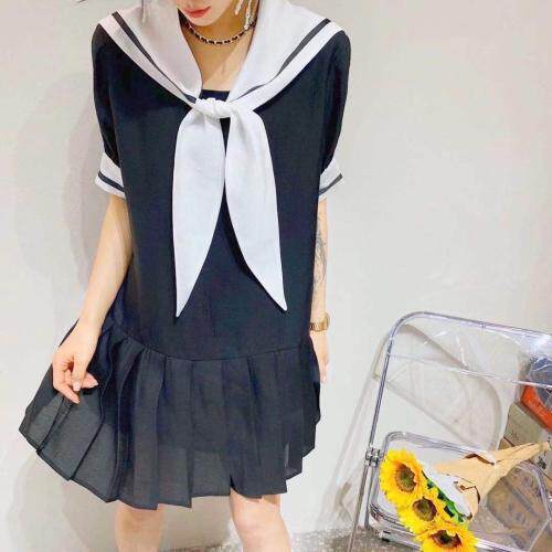 夏季海军风连衣裙，女装连衣裙，依岸