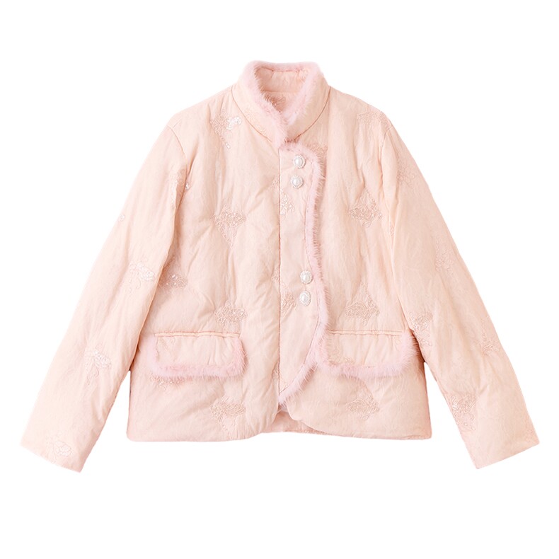 粉色超好看刺绣国风羽绒服女2024冬季新款仿水貂毛拼接白鸭绒外套,女装羽绒服,艾仟回(原伊仟回)
