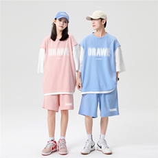 情侣23夏季ins潮时尚印花圆领ins短袖运动风T恤套装TZ602P75控98，男装T恤，A247A