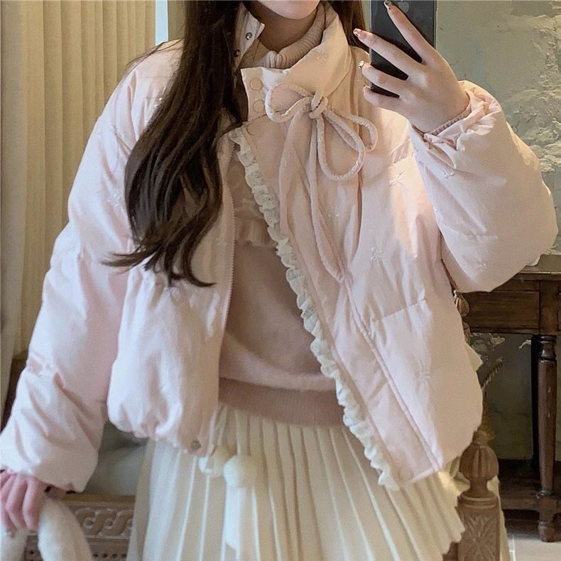812#蕾丝拼接棉服外套女冬季韩系高级感粉色蝴蝶结系带棉衣,男装棉衣,星座506A