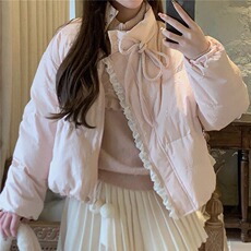 812#蕾丝拼接棉服外套女冬季韩系高级感粉色蝴蝶结系带棉衣，男装棉衣，星座506A
