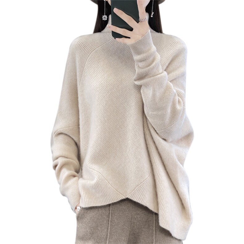 宽松慵懒风100%纯羊毛衫女高领加厚不规则长袖毛衣打底羊绒衫上衣,女装羊毛衫,迅太羊绒