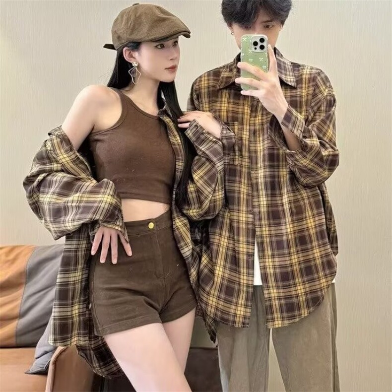 C237-P28情侣装秋装美式复古潮牌格子长袖衬衫女小众设计感开衫,男装衬衫,电商B323A