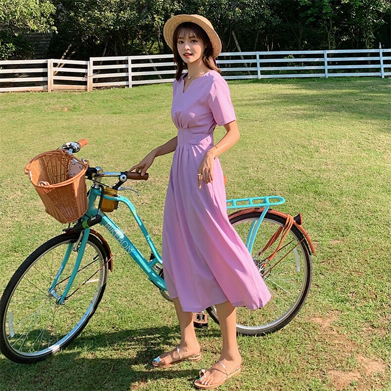大货V领小心机收腰连衣裙长裙紫色裙子087-Q89,女装连衣裙,柒柒家