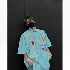 CS09-P50夏季男女同款刺绣休闲短袖衬衫宽松半袖寸衣百搭上衣，男装衬衫，电商B327